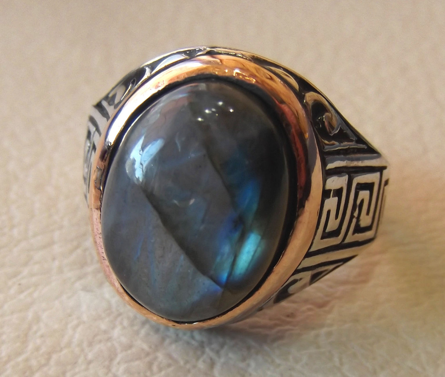 Labradorite natural stone multi color semi precious cabochon stone man ring sterling silver 925 bronze frame all sizes jewelry fast shipping