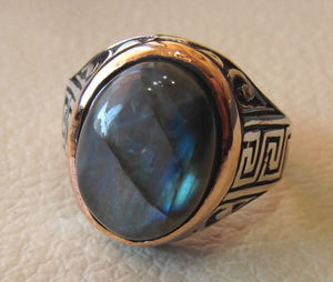 Labradorite natural stone multi color semi precious cabochon stone man ring sterling silver 925 bronze frame all sizes jewelry fast shipping