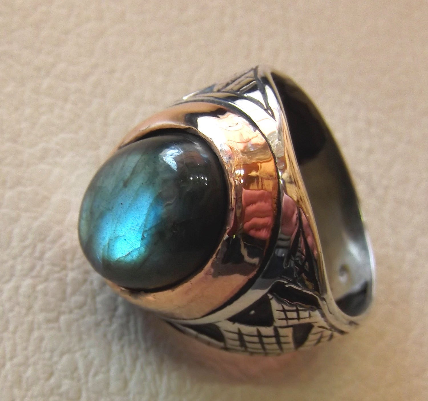 Labradorite natural stone multi color semi precious stone heavy man ring sterling silver 925 bronze frame any sizes jewelry express shipping