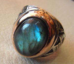 Labradorite natural stone multi color semi precious stone heavy man ring sterling silver 925 bronze frame any sizes jewelry express shipping