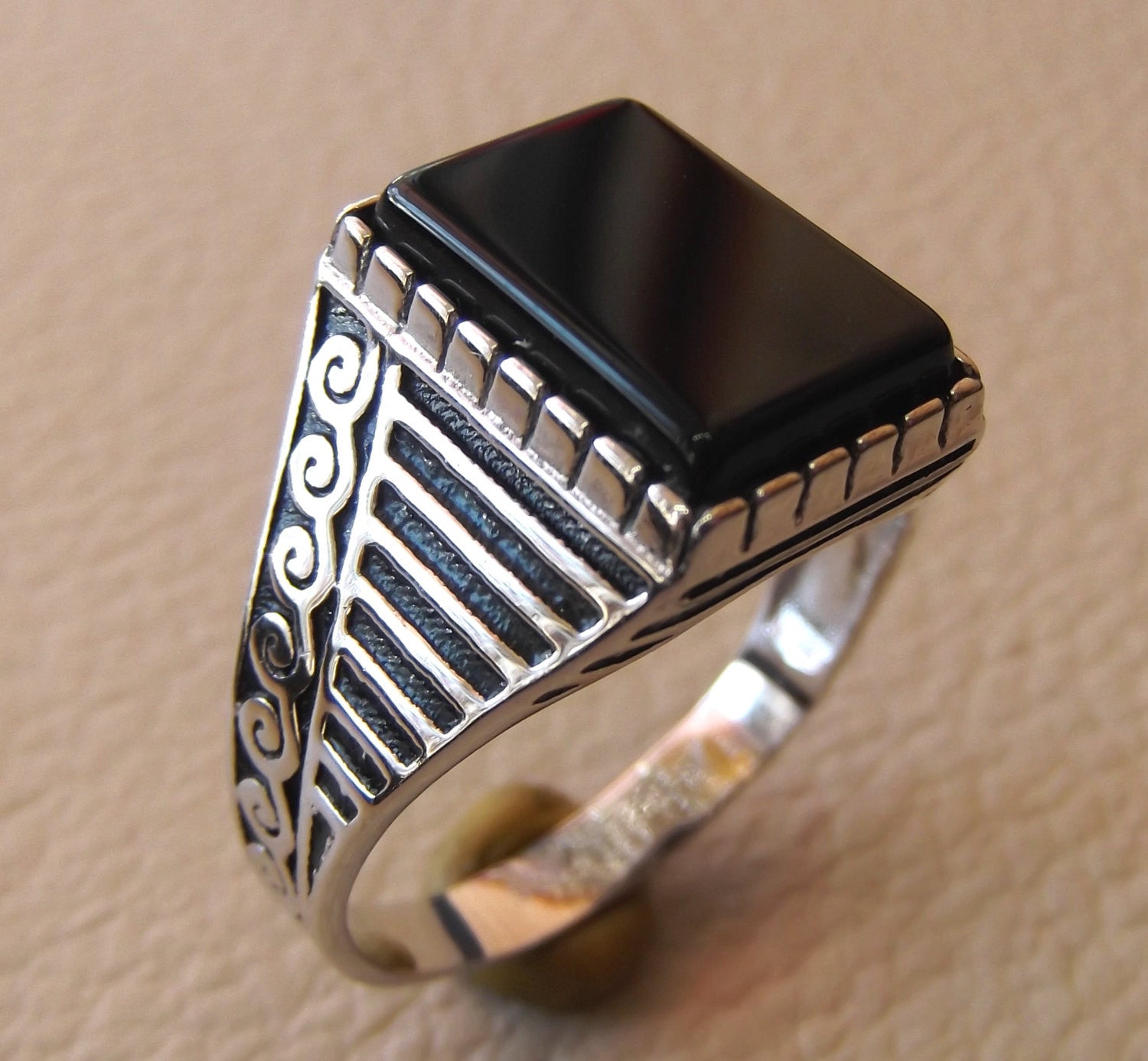 onyx black agate natural flat rectangular semi precious stone sterling silver 925 man ring any size turkey arabic style jewelry fast ship
