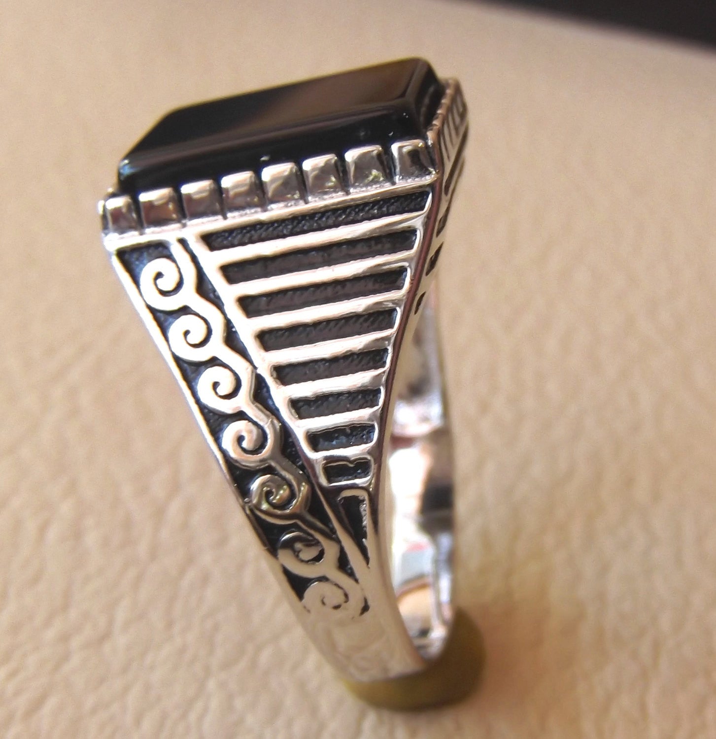 onyx black agate natural flat rectangular semi precious stone sterling silver 925 man ring any size turkey arabic style jewelry fast ship
