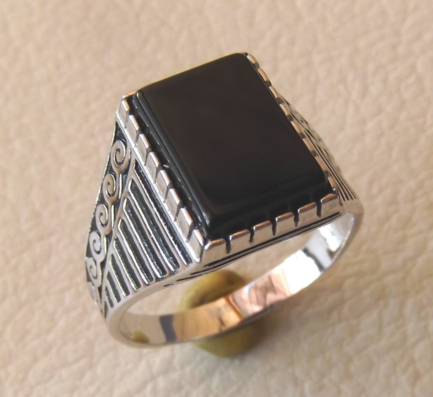 onyx black agate natural flat rectangular semi precious stone sterling silver 925 man ring any size turkey arabic style jewelry fast ship