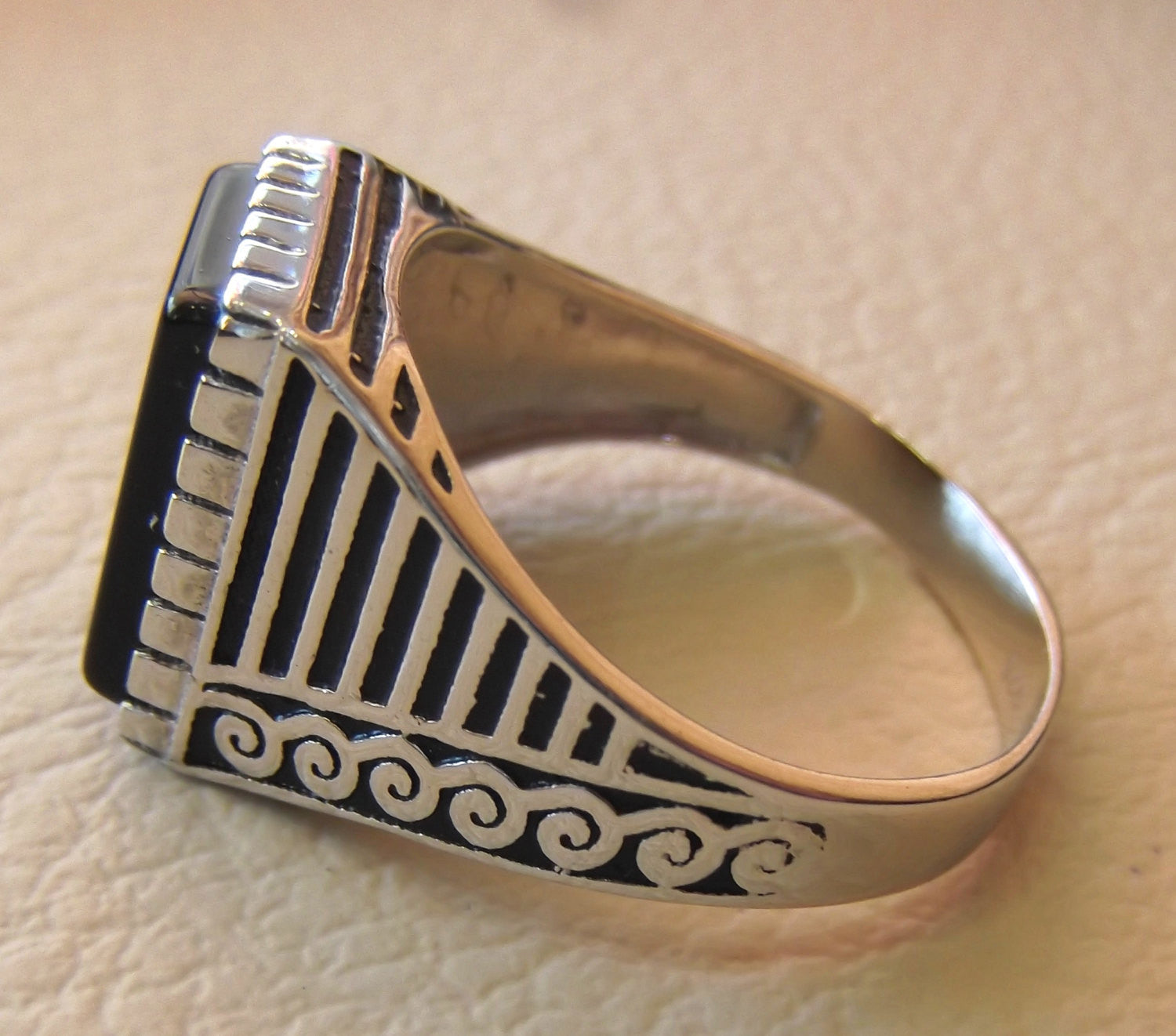 onyx black agate natural flat rectangular semi precious stone sterling silver 925 man ring any size turkey arabic style jewelry fast ship
