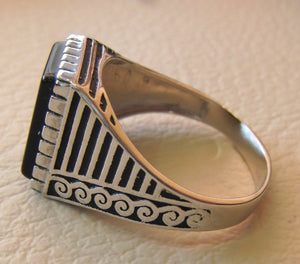 onyx black agate natural flat rectangular semi precious stone sterling silver 925 man ring any size turkey arabic style jewelry fast ship