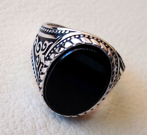 flat black onyx agate aqeeq stone arabic turkish ottoman style man ring all  sizes sterling silver 925 oval gem shape antique jewelry