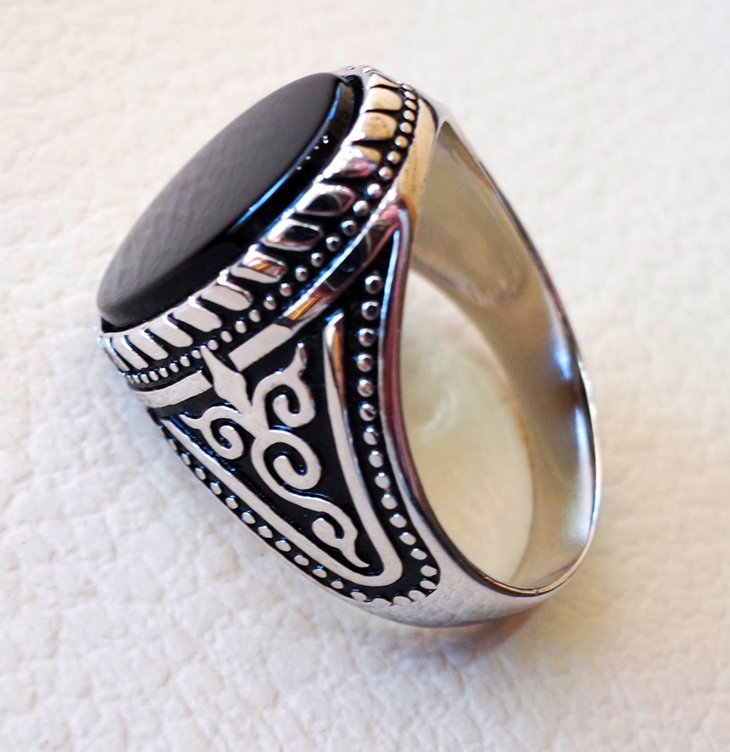 flat black onyx agate aqeeq stone arabic turkish ottoman style man ring all  sizes sterling silver 925 oval gem shape antique jewelry
