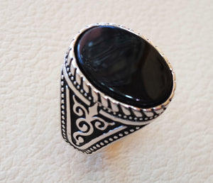 flat black onyx agate aqeeq stone arabic turkish ottoman style man ring all  sizes sterling silver 925 oval gem shape antique jewelry