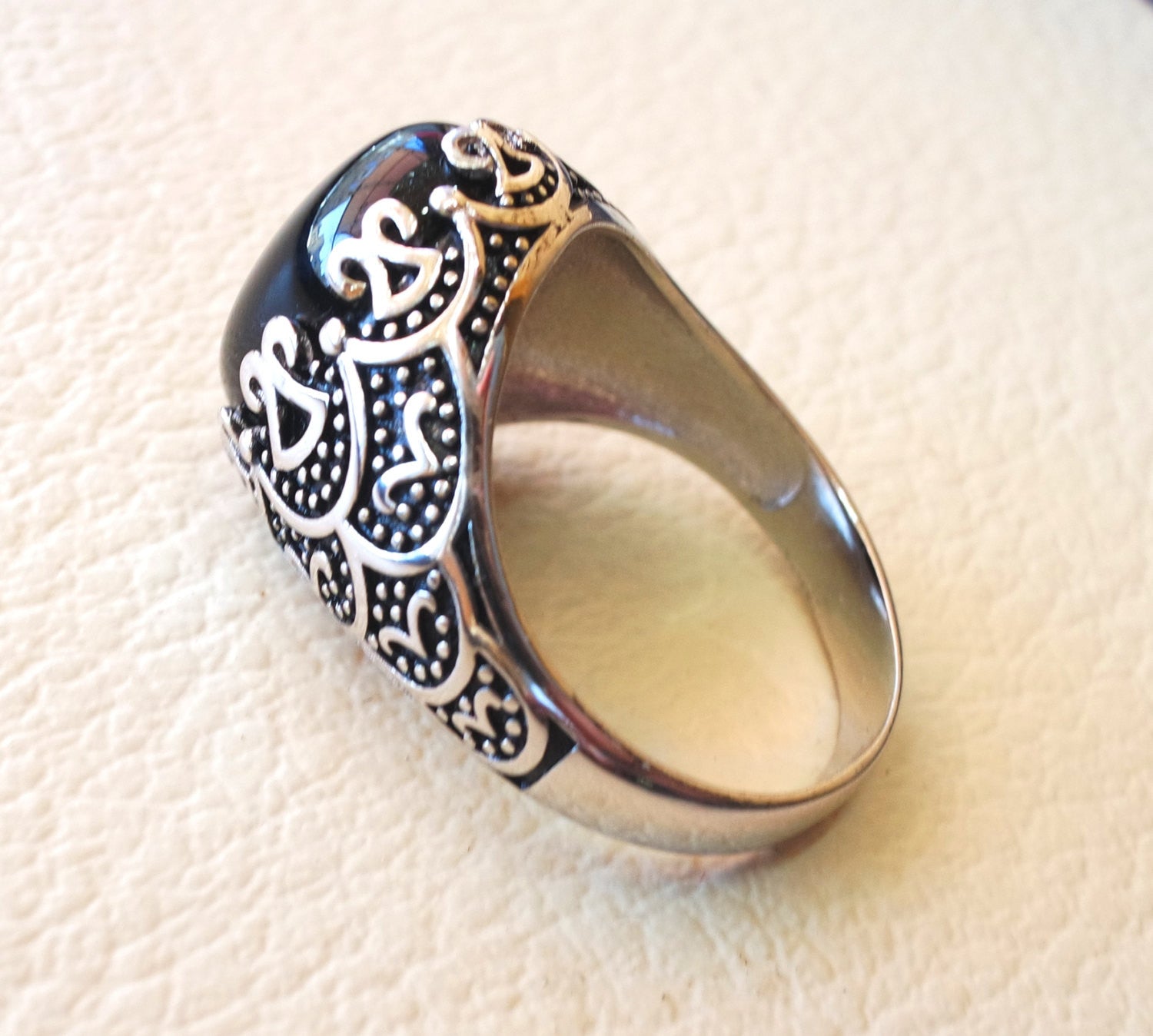 man ring sterling silver 925 oval cabochon onyx black agate aqeeq natural stone semi precious gem all sizes jewelry antique middle eastern
