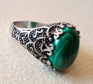 malachite green natural semi precious stunning cabochon gem oval stone man ring sterling silver 925  jewelry any size antique style