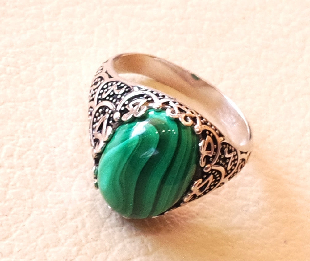 malachite green natural semi precious stunning cabochon gem oval stone man ring sterling silver 925  jewelry any size antique style