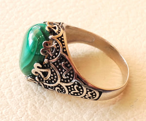 malachite green natural semi precious stunning cabochon gem oval stone man ring sterling silver 925  jewelry any size antique style