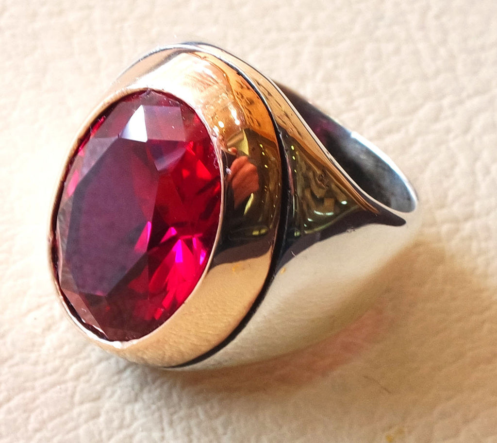 ruby identical synthetic stone high quality imitation corundum red color huge men ring sterling silver 925 any size bronze frame jewelry
