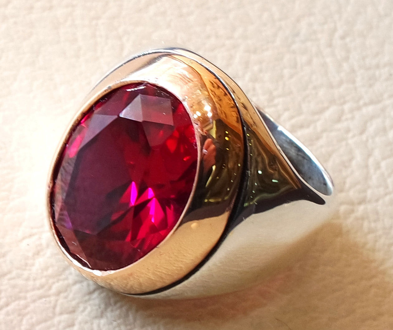 ruby identical synthetic stone high quality imitation corundum red color huge men ring sterling silver 925 any size bronze frame jewelry