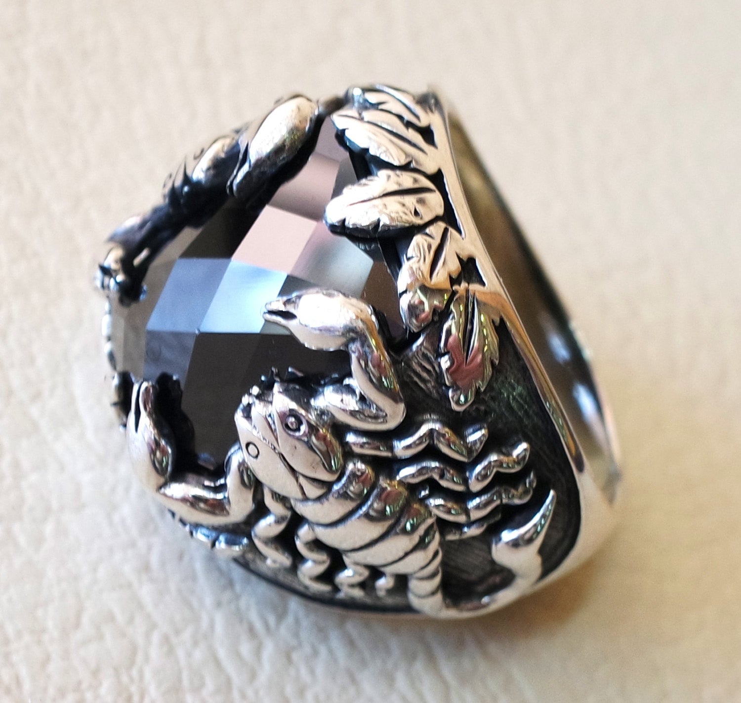 huge scorpion sterling silver 925 huge ring any size rectangular black onyx agate semi precious middle eastern vintage handmade jewelry