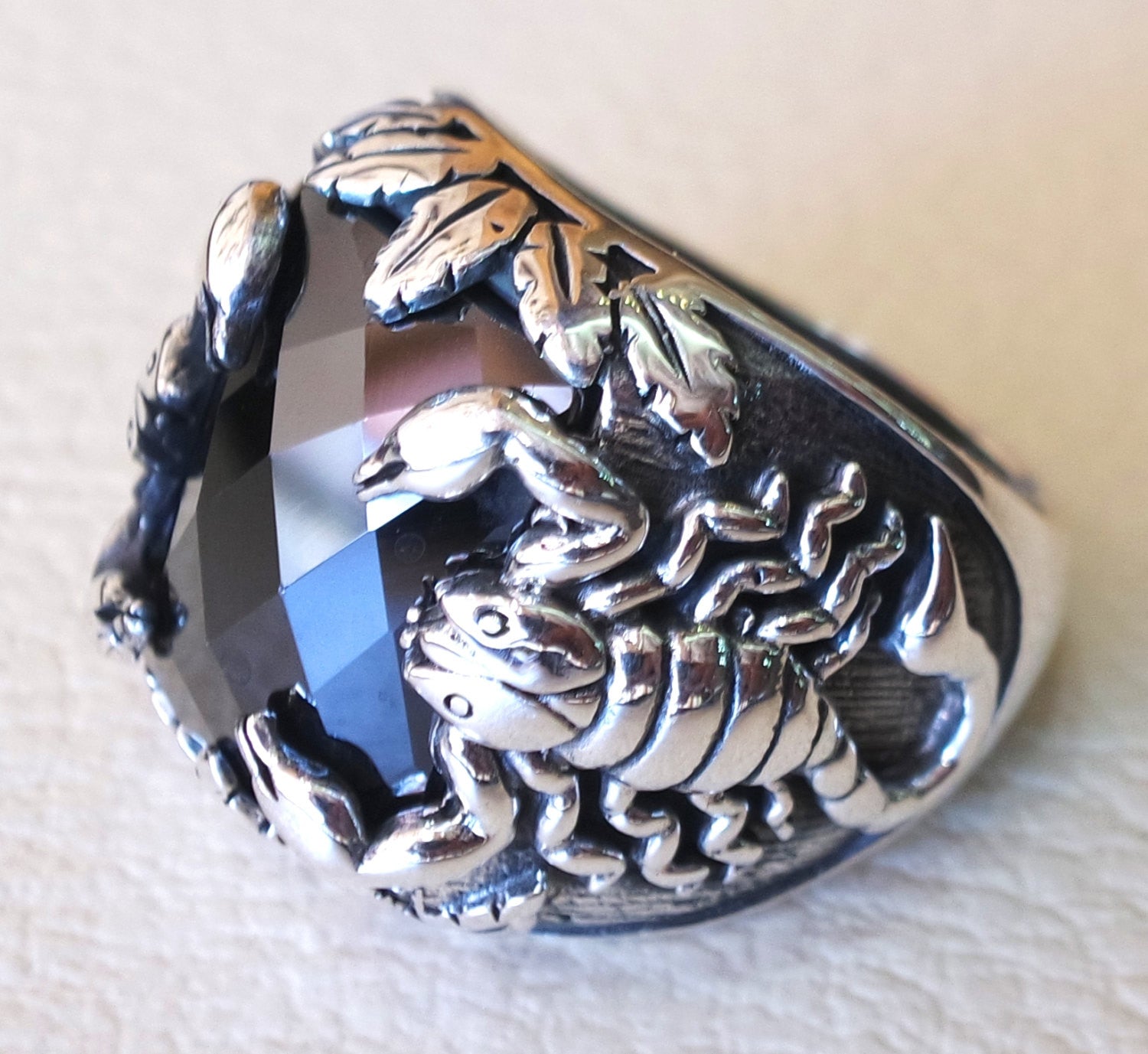huge scorpion sterling silver 925 huge ring any size rectangular black onyx agate semi precious middle eastern vintage handmade jewelry
