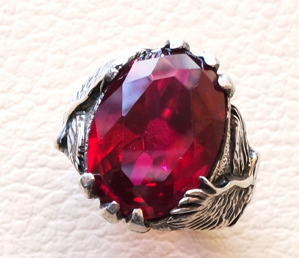eagle man ring sterling silver 925 oval ruby imitation red synthetic corrundum stone all sizes jewelry gem identical to genuine high quality