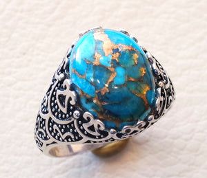natural copper turquoise stone sterling silver 925 man ring blue semi precious high quality cabochon antique arabic ottoman style any size