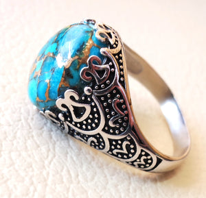 natural copper turquoise stone sterling silver 925 man ring blue semi precious high quality cabochon antique arabic ottoman style any size