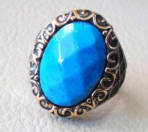 synthetic turquoise blue stone heavy sterling silver 925 man ring  bronze copper frame any size antique middle eastern ottoman style jewelry