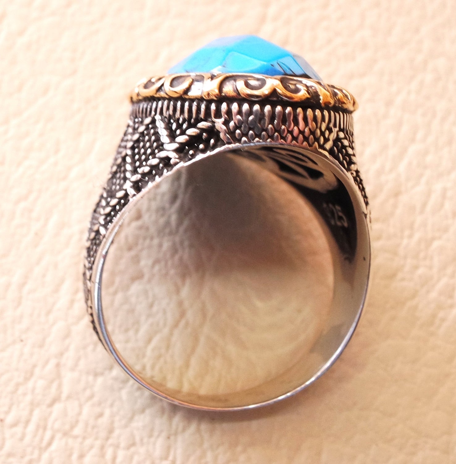 synthetic turquoise blue stone heavy sterling silver 925 man ring  bronze copper frame any size antique middle eastern ottoman style jewelry