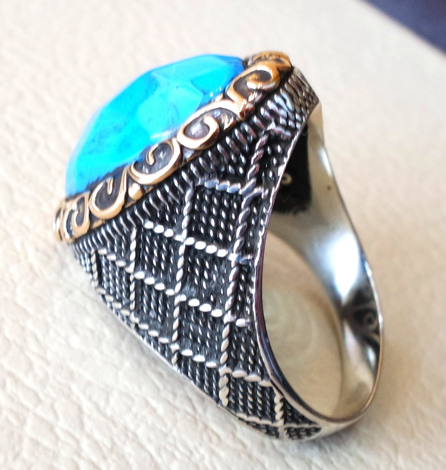 synthetic turquoise blue stone heavy sterling silver 925 man ring  bronze copper frame any size antique middle eastern ottoman style jewelry