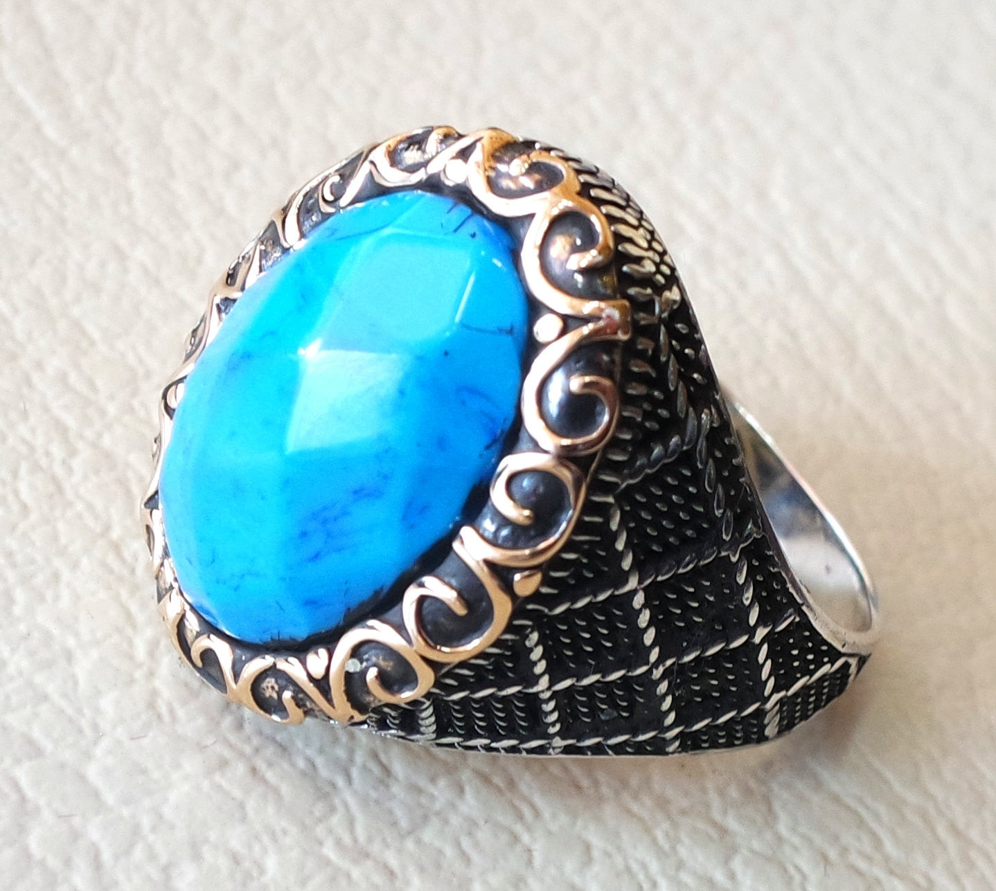 synthetic turquoise blue stone heavy sterling silver 925 man ring  bronze copper frame any size antique middle eastern ottoman style jewelry