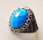 synthetic turquoise blue stone heavy sterling silver 925 man ring  bronze copper frame any size antique middle eastern ottoman style jewelry