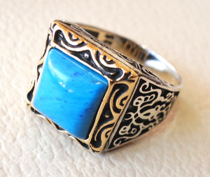 square synthetic turquoise blue stone heavy sterling silver 925 man ring bronze frame any size antique middle eastern ottoman style jewelry