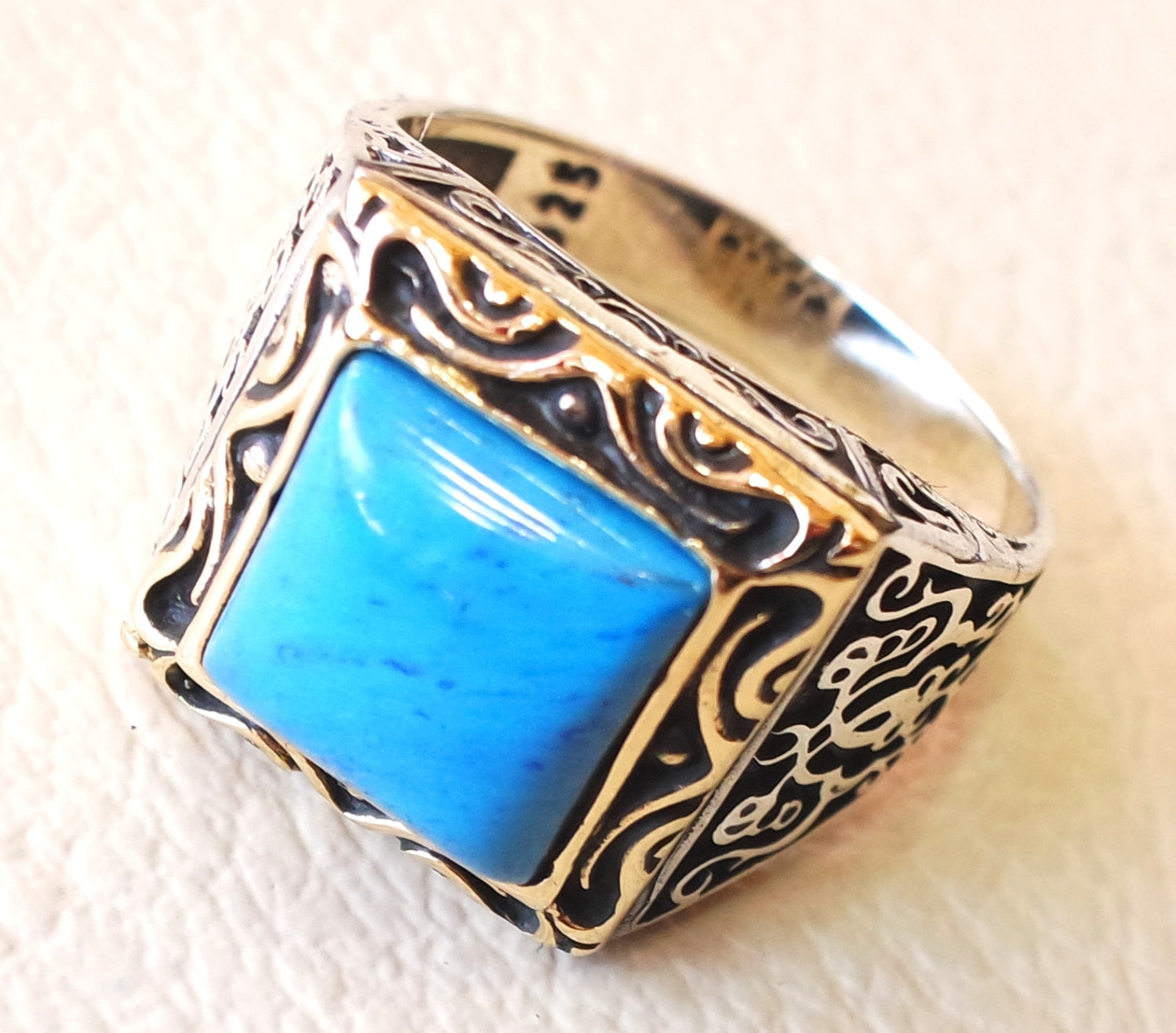 square synthetic turquoise blue stone heavy sterling silver 925 man ring bronze frame any size antique middle eastern ottoman style jewelry