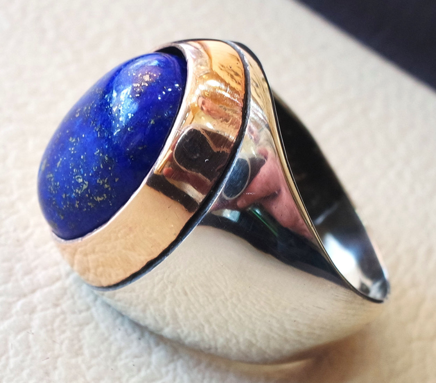 lapis lazuli oval cabochon natural blue stone ring bronze and sterling silver 925 men jewelry all sizes 18 * 13 mm ottoman middle eastern