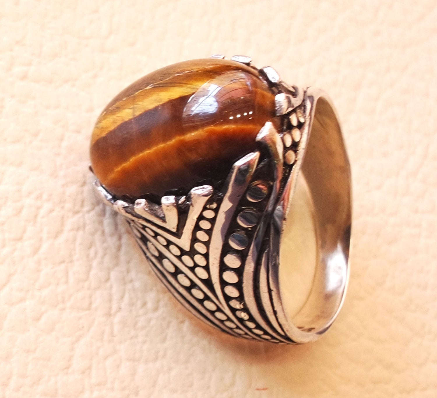 cat eye tiger eye semi precious natural cabochon stone men ring sterling silver 925 any size ottoman turkish middle eastern arabic jewelry