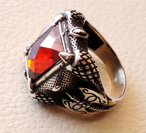 medieval axe ring red ruby color synthetic stone heavy huge man ring sterling silver 925 antique rectangular all sizes jewelry