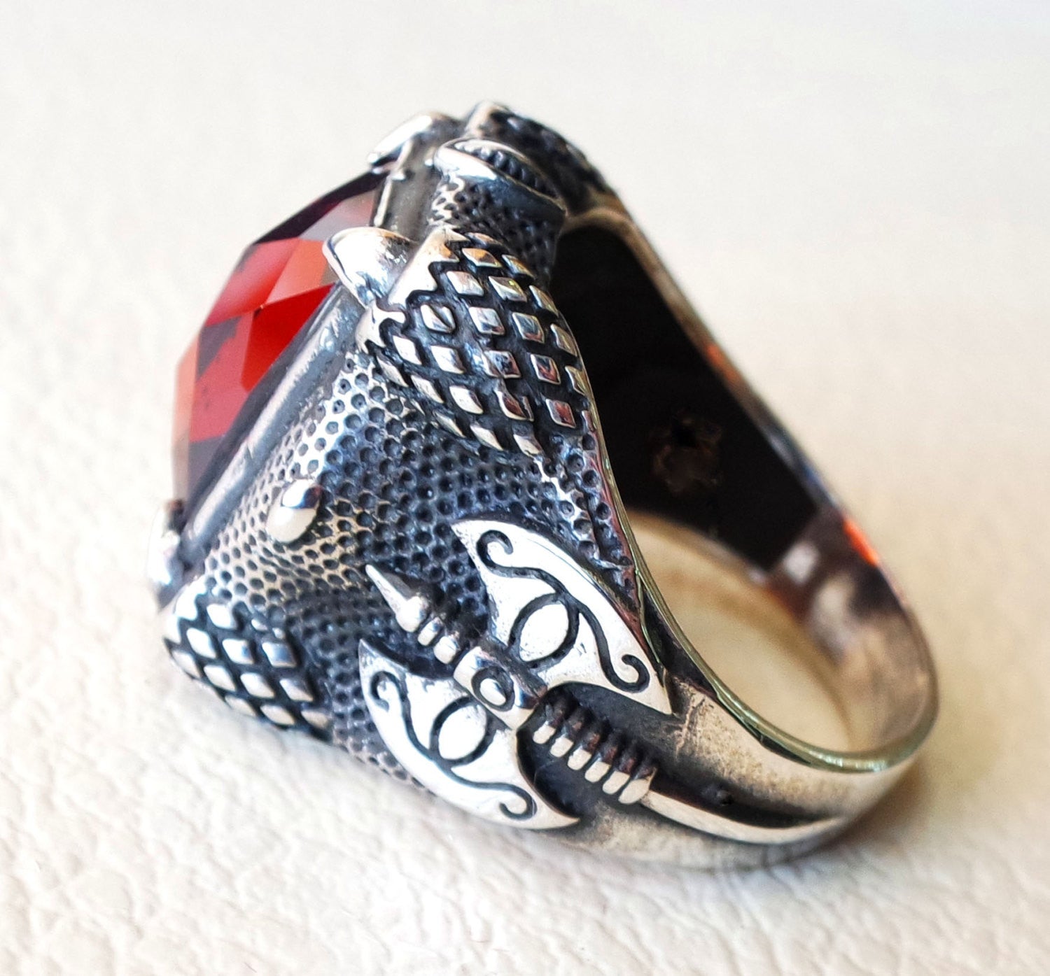 medieval axe ring red ruby color synthetic stone heavy huge man ring sterling silver 925 antique rectangular all sizes jewelry