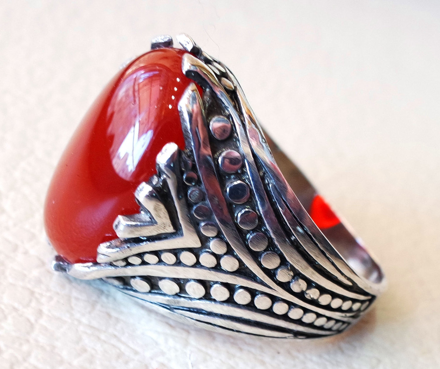 aqeeq ring sterling silver red stone carnelian agate men jewelry natural cabochon arabic turkey middle eastern ottoman style all sizes عقيق