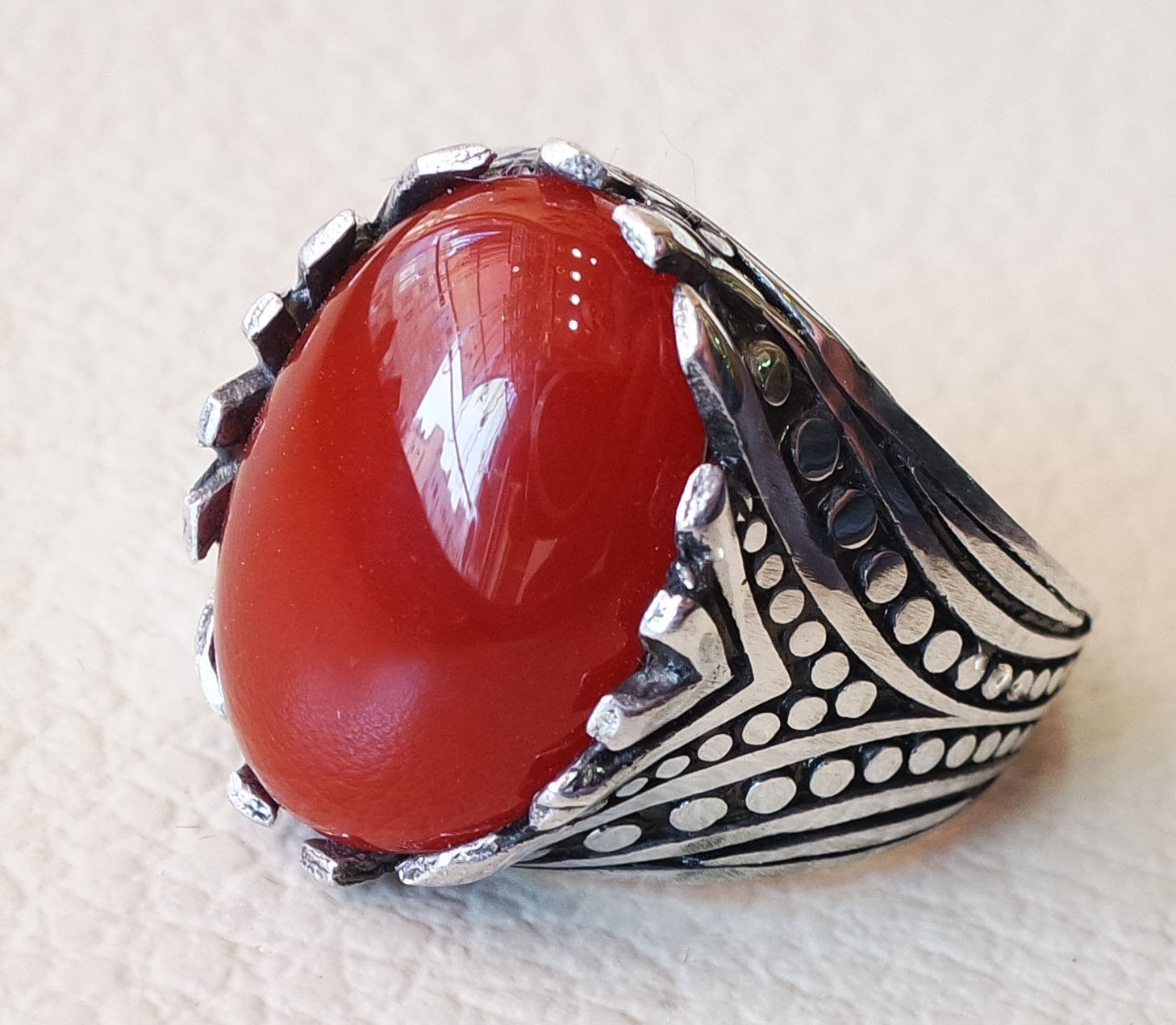 aqeeq ring sterling silver red stone carnelian agate men jewelry natural cabochon arabic turkey middle eastern ottoman style all sizes عقيق