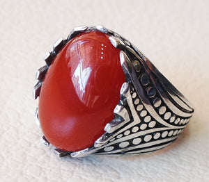 aqeeq ring sterling silver red stone carnelian agate men jewelry natural cabochon arabic turkey middle eastern ottoman style all sizes عقيق