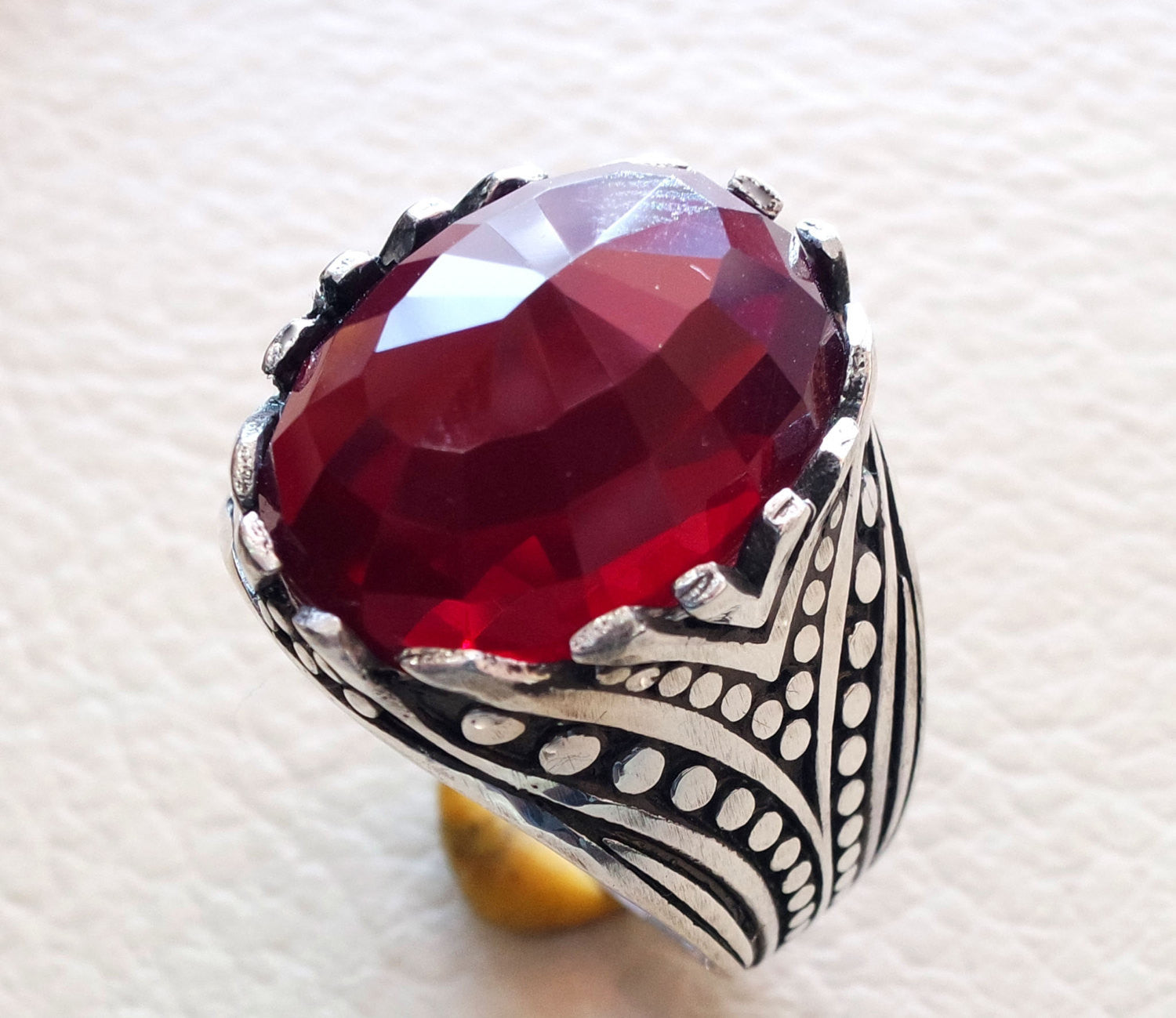 red ruby color faceted cabochon stone man ring sterling silver 925 all sizes high quality jewelry ottoman middle eastern antique style