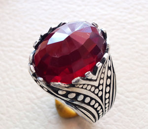 red ruby color faceted cabochon stone man ring sterling silver 925 all sizes high quality jewelry ottoman middle eastern antique style