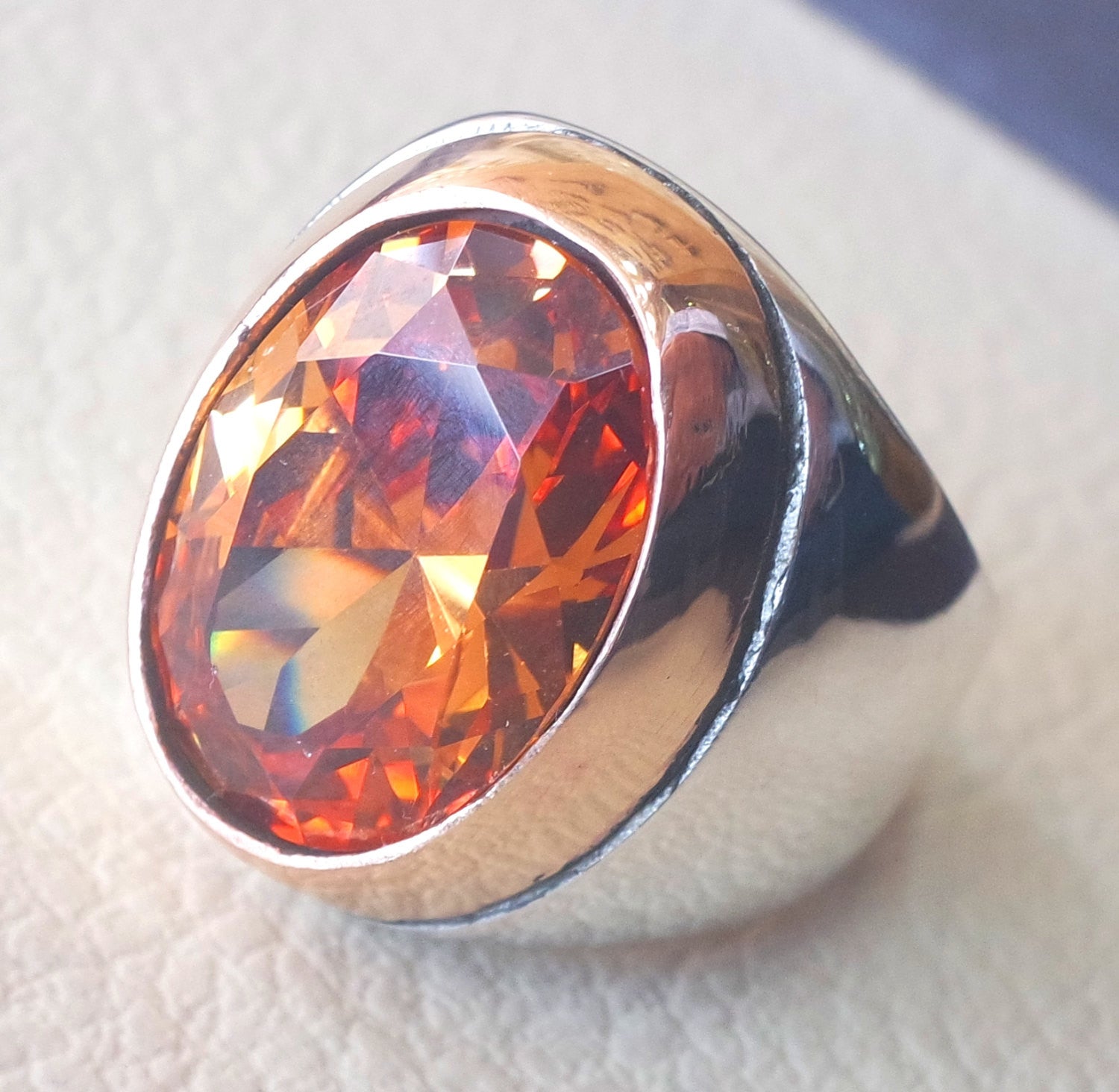 deep vivid fancy orange cubic zirconia oval huge stone highest quality stone sterling silver 925 men ring and bronze frame all sizes jewelry
