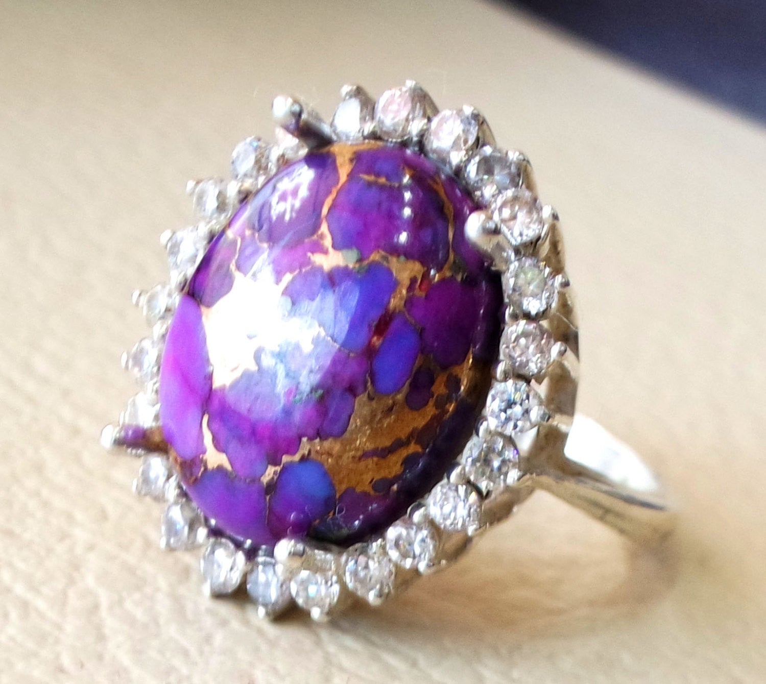 women ring copper purple turquoise entourage white cubic zircon sterling silver 925 all sizes highest quality natural oval cabochon stone