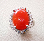 carnelian red aqeeq agate ladies ring red cabochon oval stone all sizes jewelry classic style sterling silver 925 white cubic zircon around