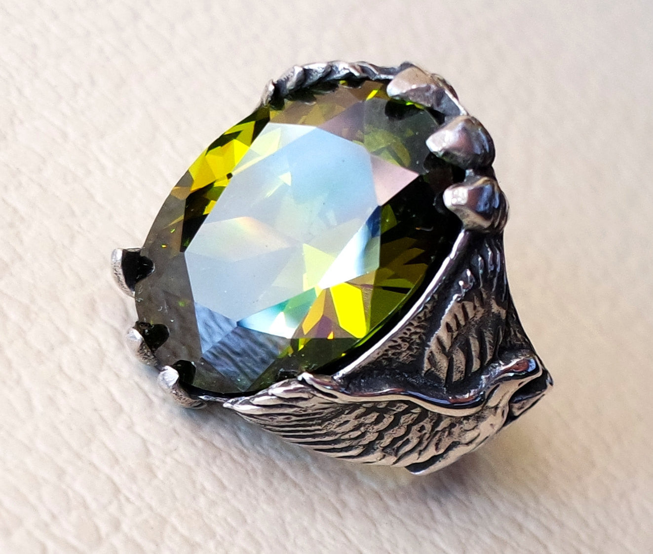 eagle falcon man ring sterling silver 925 oval vivid olive green cubic zircon stone all sizes jewelry gem identical to genuine high quality