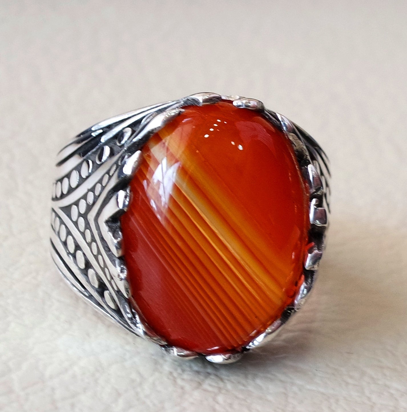 striped agate aqeeq stone red carnelian semi precious men ring all sizes antique ottoman middle eastern jewelry oval cabochon fast shipping