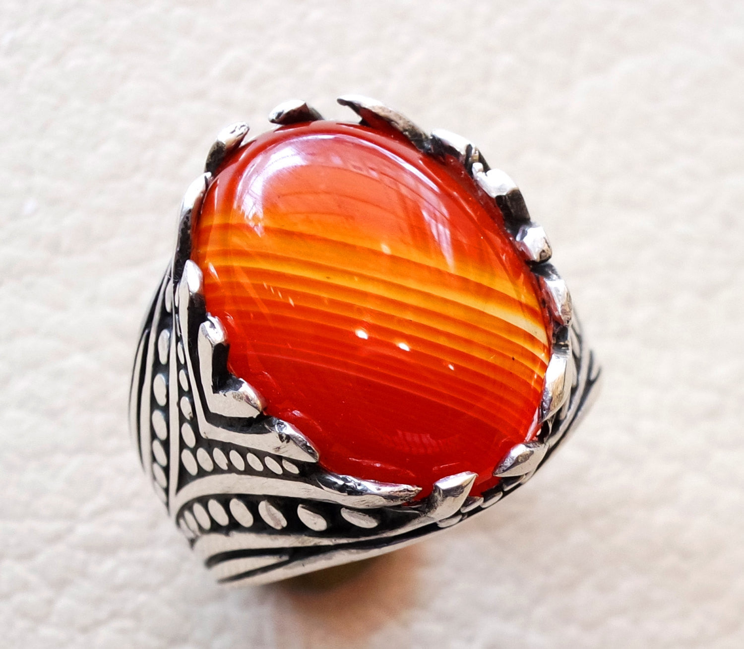 striped agate aqeeq stone red carnelian semi precious men ring all sizes antique ottoman middle eastern jewelry oval cabochon fast shipping