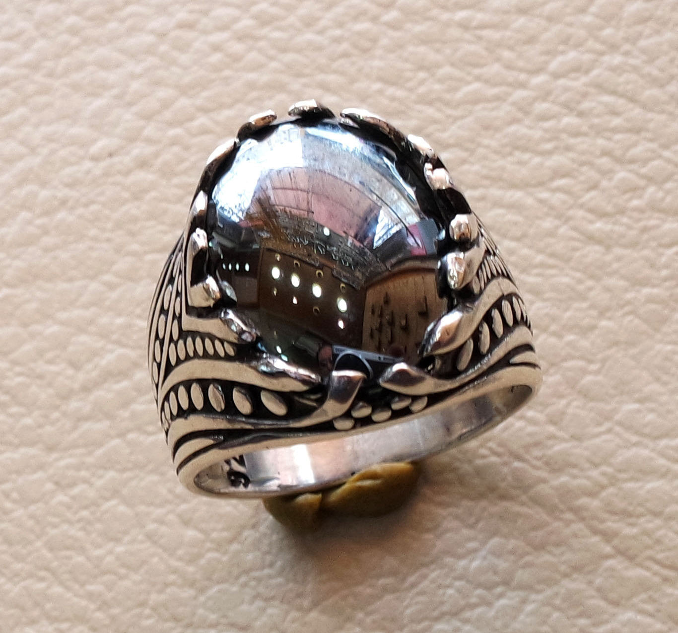 hematite natural semi precious shinning grey sterling silver 925 man ring all sizes antique middle eastern vintage ottoman style jewelry