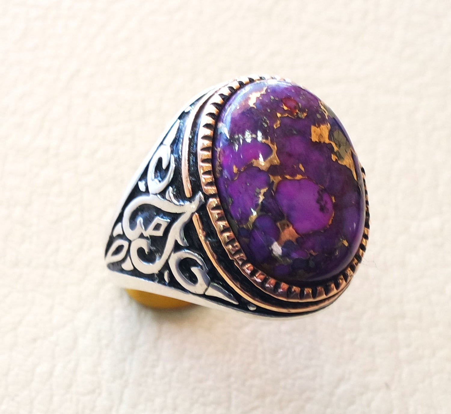 ottoman style heavy ring men sterling silver 925 jewelry copper purple turquoise high quality semi precious natural stone in bronze frame