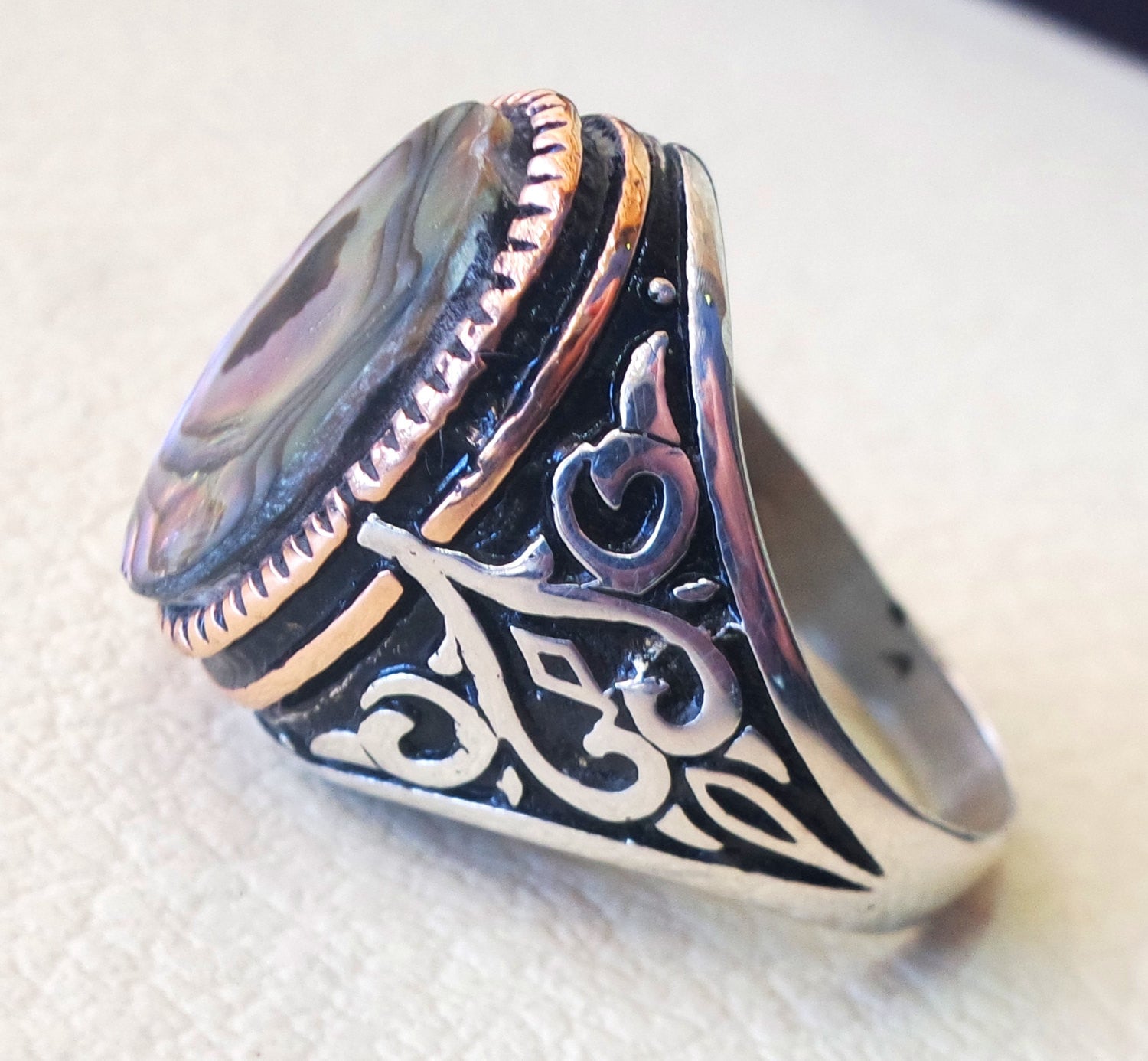 abalone shell colorful heavy ring sterling silver ottoman style all sizes jewelry men unique gift all sizes fast shipping bronze frame