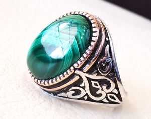 natural malachite ring high quality green cabochon semi precious stone sterling silver 925 and bronze ottoman arab style heavy men jewelry