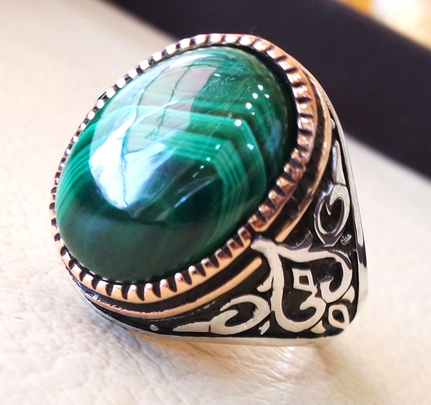 natural malachite ring high quality green cabochon semi precious stone sterling silver 925 and bronze ottoman arab style heavy men jewelry